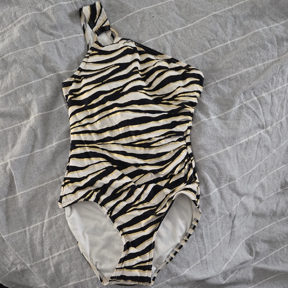 MICHAEL Michael Kors Black, White & Gold Zebra-Print One-Shoulder One-Piece